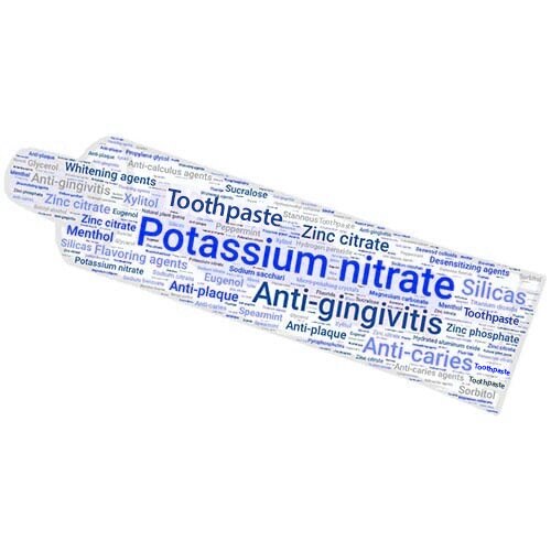Imagem de uma embalagem de creme dental destacando nitrato de potássio e ingredientes anti-cáries e anti-gingivite